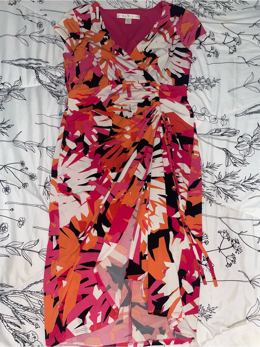 Boston Proper Pink, Orange & Black Abstract Wrap Midi Dress